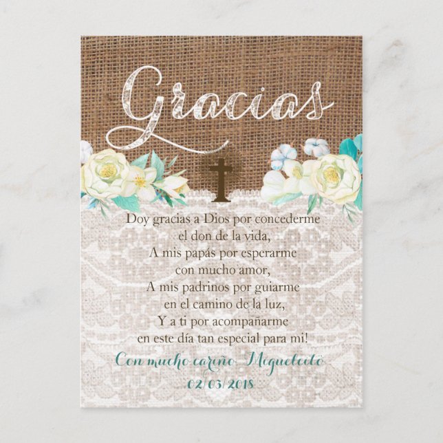 Tarjeta de gracias con oración para Bautismo Postcard (Front)