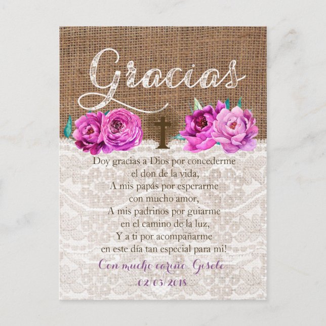 Tarjeta de Gracias con oracion Recuerdo de Bautizo Postcard (Front)