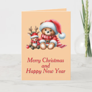 Tarjeta de Navidad con imagen de osito y reno. Card