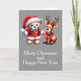 Tarjeta de Navidad con imagen de osito y reno. Card