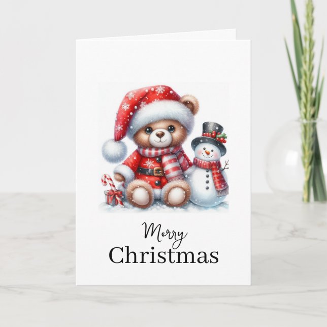 Tarjeta de Navidad: Teddy Bear y Snowman Card (Front)