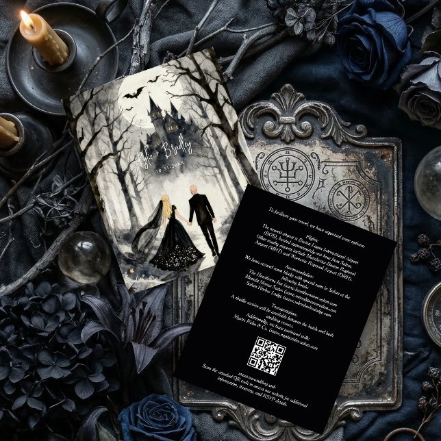 Tarjeta de recepción enclosure card (Dark Gothic Forest Wedding Couple Haunted Castle Enclosure Card Design with QR Code.)