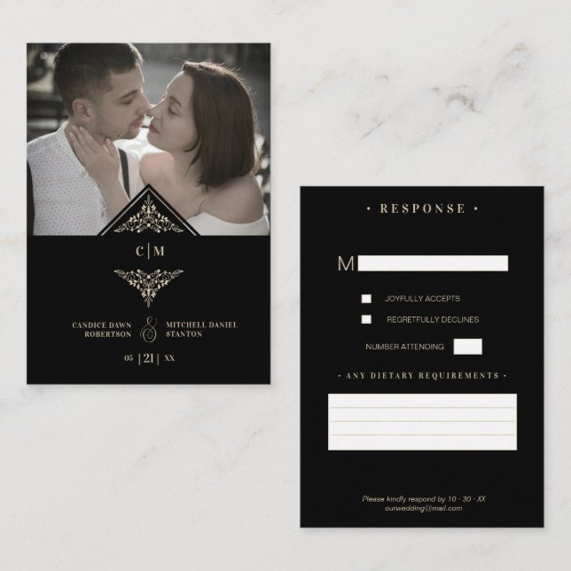 Tarjeta De Recepción RSVP Gold Wedding Initials Fl Enclosure Card (Front/Back)