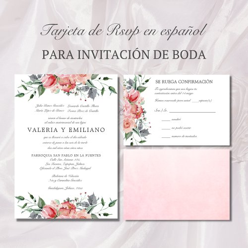 Tarjeta de RSVP de boda rosa elegante Spanish RSVP