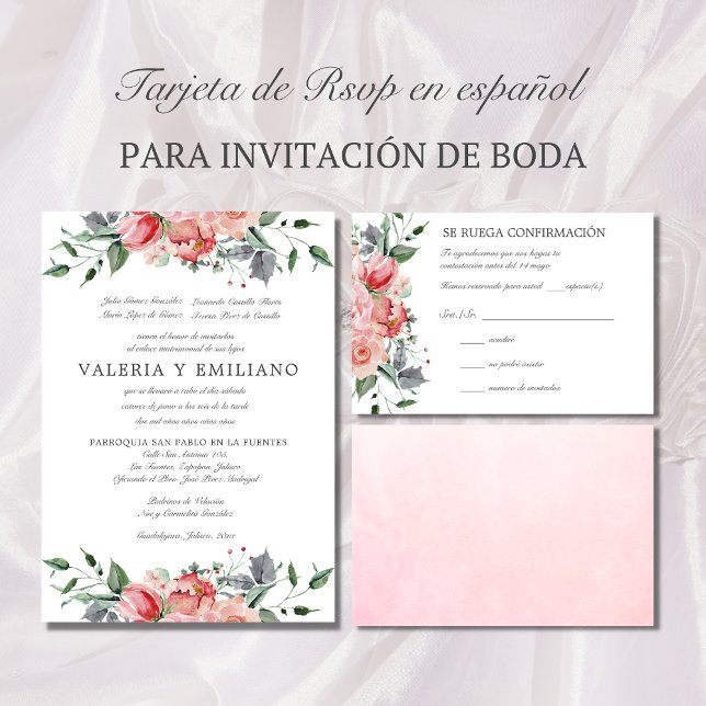Tarjeta de RSVP de boda rosa elegante Spanish RSVP Card (Tarjeta de RSVP en español con flores rosados)