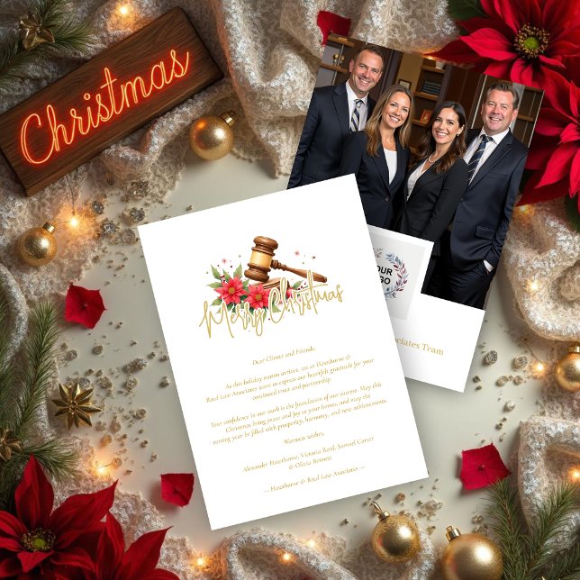 Tarjeta Festiva Elegant Christmas Law Gavel for Co Holiday Card (Exquisite  Christmas Law Gavel for Corporate Lawyers Holiday Cards Back Corporate Logo & Photo.)