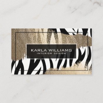 Tarnished Gold Glitter & Black & White Zebra Business Card by artOnWear at Zazzle