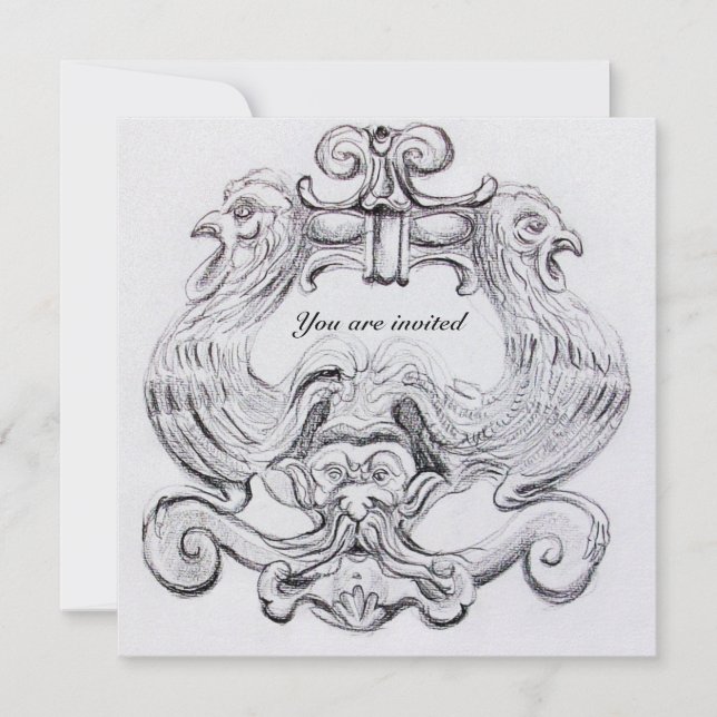 TAROT/ ANTIQUE FLORENTINE GROTESQUE Black White Invitation (Front)