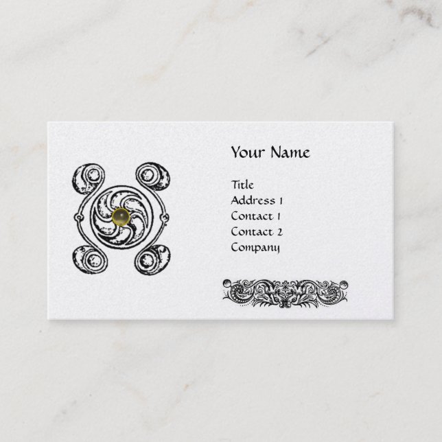 TAROT BLACK WHITE CELTIC DRAWING GREY GEM MONOGRAM BUSINESS CARD (Front)