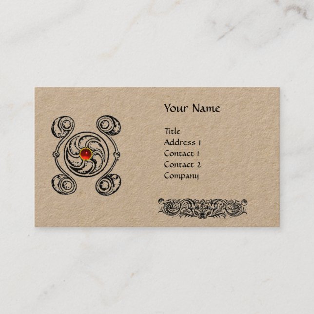 TAROT BLACK WHITE CELTIC DRAWINGS RED GEM MONOGRAM BUSINESS CARD (Front)