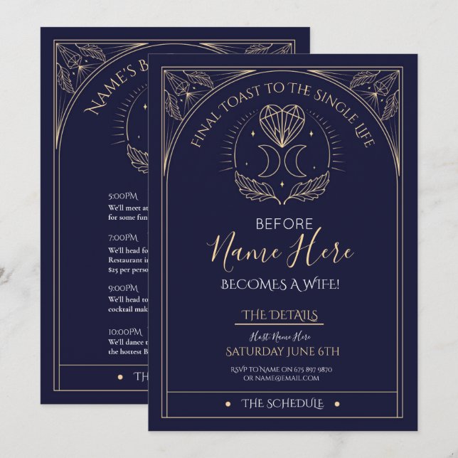 Tarot Bridal Shower Party Itinerary Navy Mystical Invitation (Front/Back)