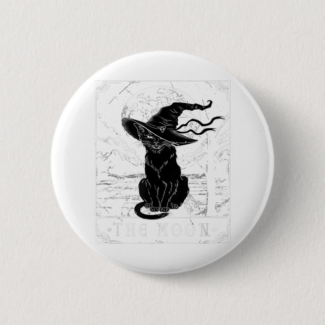 Tarot Card Crescent Moon And Black Cat Witch Hat H Button (Front)