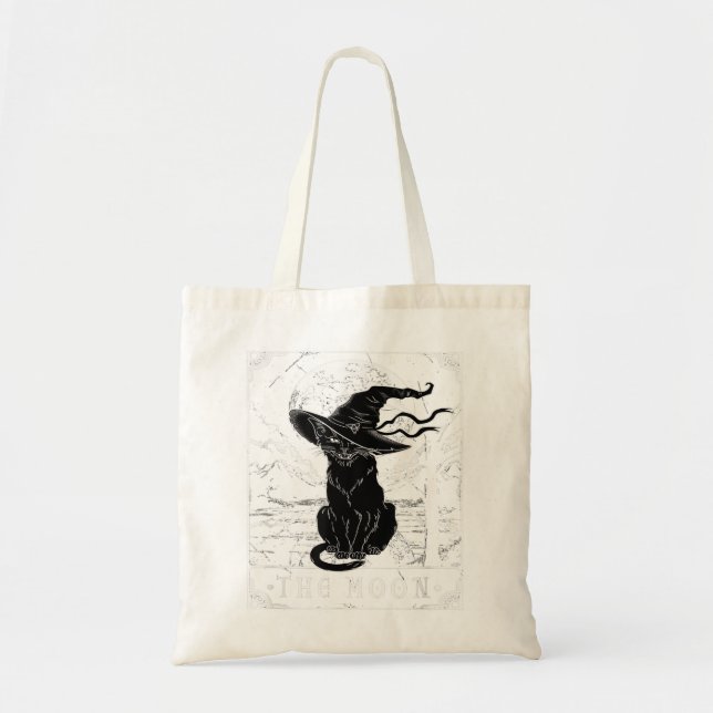 Tarot Card Crescent Moon And Black Cat Witch Hat H Tote Bag (Front)