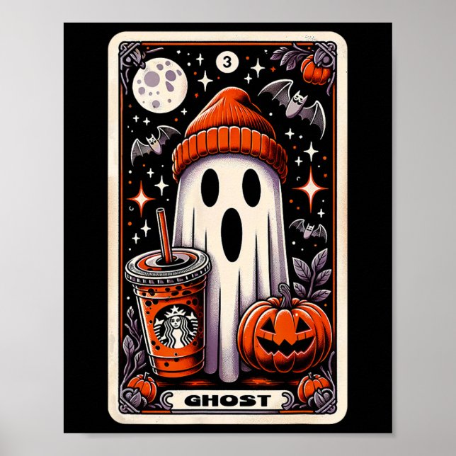 Tarot Card Cute Ghost Spooky Season Jack O Lantern Poster (Front)
