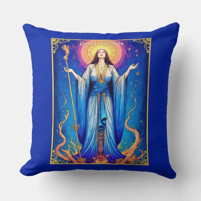 Tarot Card Illustration, Queen of Wands Throw Pillow (Front)
