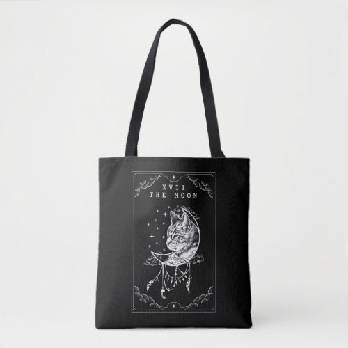 Tarot Card Moon and Cat Crescent Illustration Tote Bag