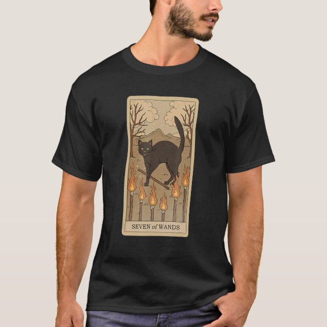 Tarot Card Seven Of Wands And Cat Cosmic Graphic C T-Shirt (Front)