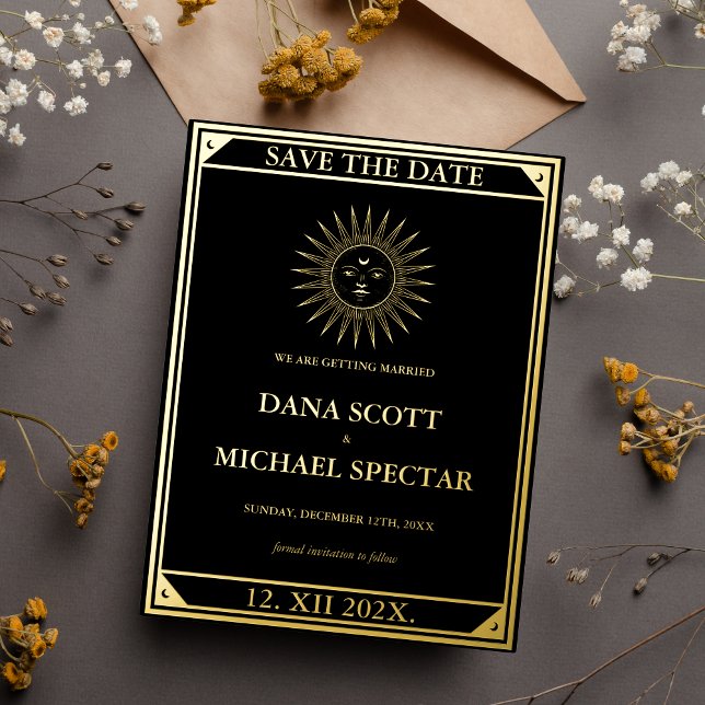 Tarot Elegant Save the Date Black Gold Non Photo Foil Invitation Postcard (Creator Uploaded)
