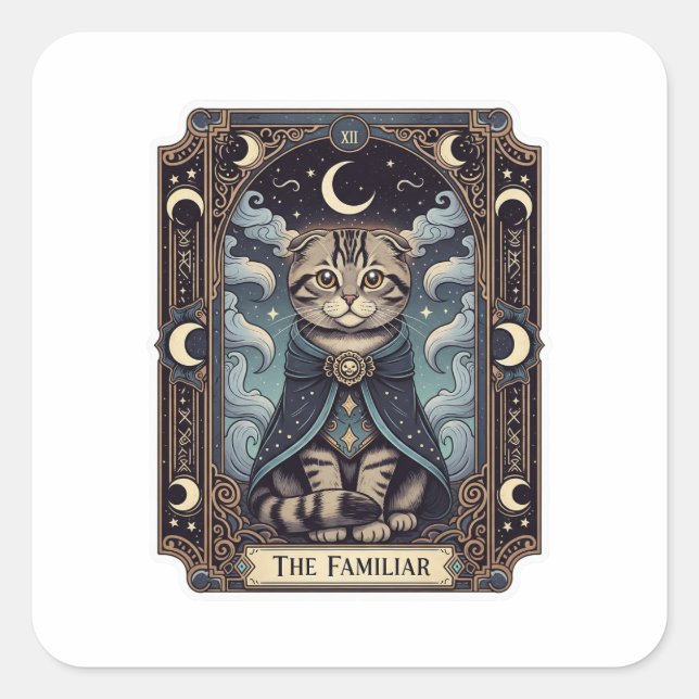 Tarot Fold – Scottish Fold Cat Tarot Halloween Square Sticker (Front)