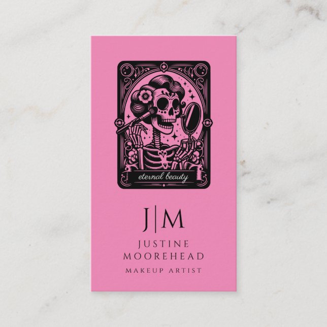 Tarot Makeup Artist Skeleton Hot Pink Business Card (Front)