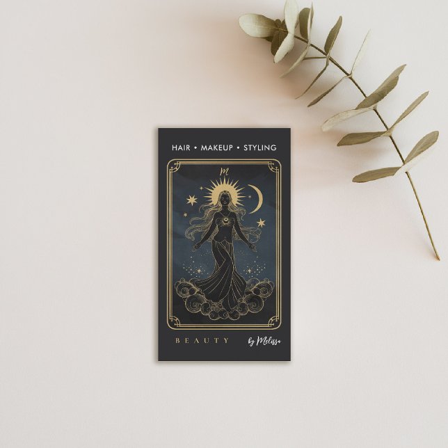 Tarot Moon Water Goddess Modern Elegant Black Gold Business Card (tarot business card mystical water gold black makeup hair lashes psychic reiki healer)
