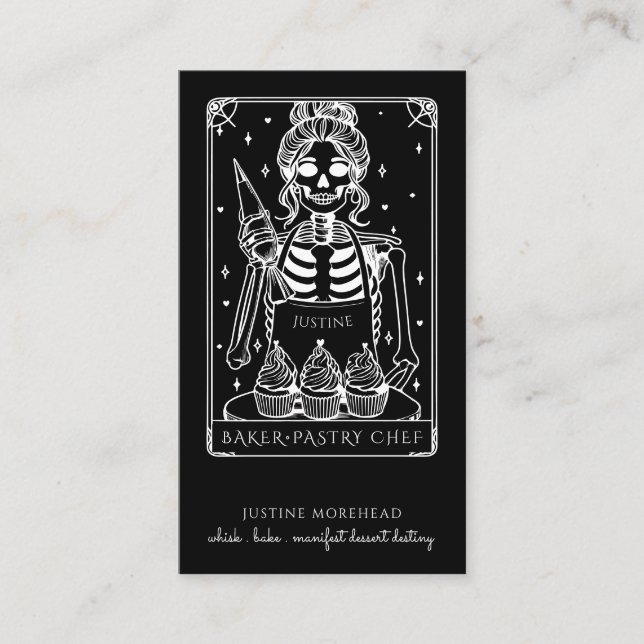 Tarot Skeleton Baker Whisk Cupcake Black Business Card (Front)