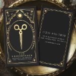Tarot Vintage Black & Gold Hair Stylist  Business Card<br><div class="desc">Let your hair styling biz shine with a touch of magic! Our tarot-inspired business cards feature a stunning black & gold design with stars & clouds—perfect for making a mystical first impression. Order now & enchant your clients! The face of the cards features white text colors, as well as a...</div>