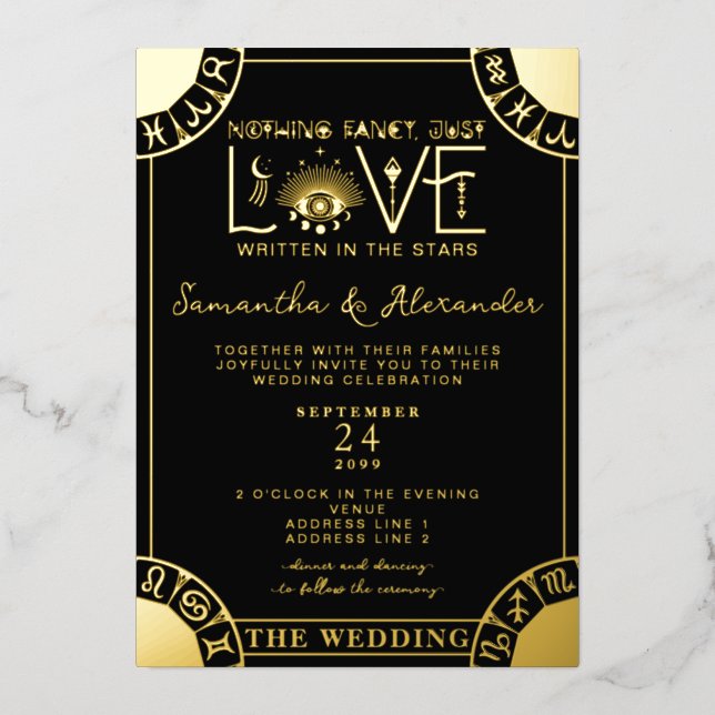 Tarot Zodiac Sign Evil Eye Black Celestial Wedding Foil Invitation (Front)