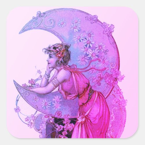 TAROTS LADY OF MOON WITH FLOWERS PINK PURPLE SQUARE STICKER