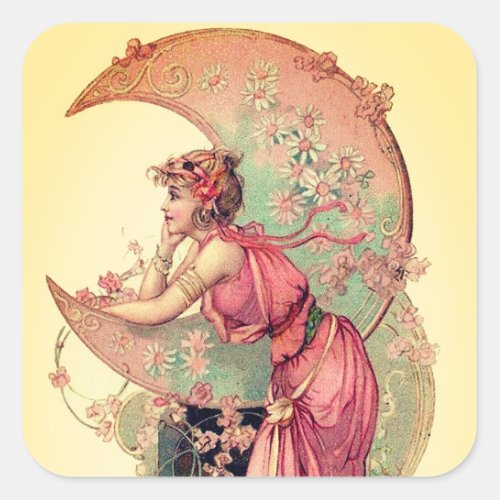 TAROTS LADY OF MOON WITH FLOWERS PINK YELLOW SQUARE STICKER