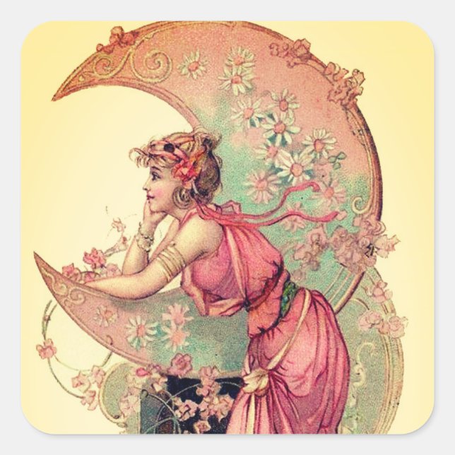 TAROTS/ LADY OF MOON WITH FLOWERS PINK YELLOW SQUARE STICKER (Front)
