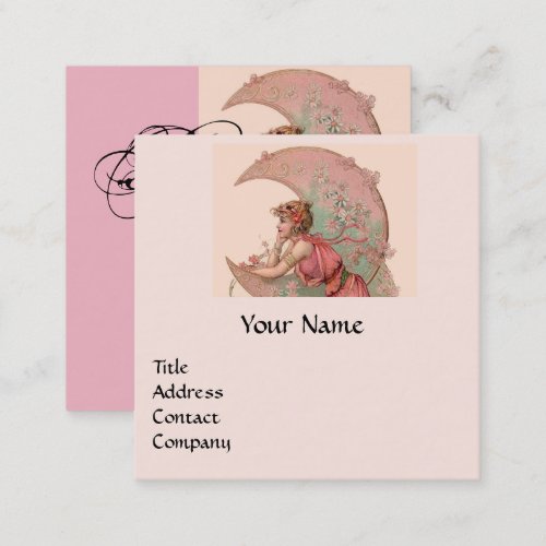 TAROTSLADY OF THE MOON AND FLOWERS PINK Monogram Square Business Card