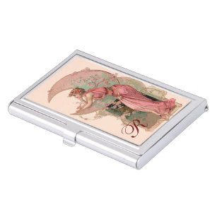 TAROTS/LADY OF THE MOON FLOWERS IN PINK MONOGRAM BUSINESS CARD CASE