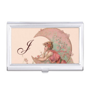 TAROTS/LADY OF THE MOON FLOWERS IN PINK MONOGRAM BUSINESS CARD HOLDER