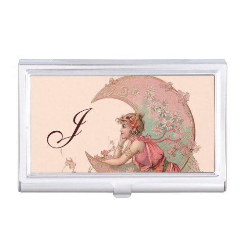 TAROTSLADY OF THE MOON FLOWERS IN PINK MONOGRAM BUSINESS CARD HOLDER