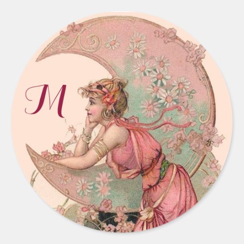 TAROTS LADY OF THE MOONFLOWERS IN PINK MONOGRAM CLASSIC ROUND STICKER