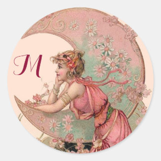 TAROTS/ LADY OF THE MOON,FLOWERS IN PINK MONOGRAM CLASSIC ROUND STICKER