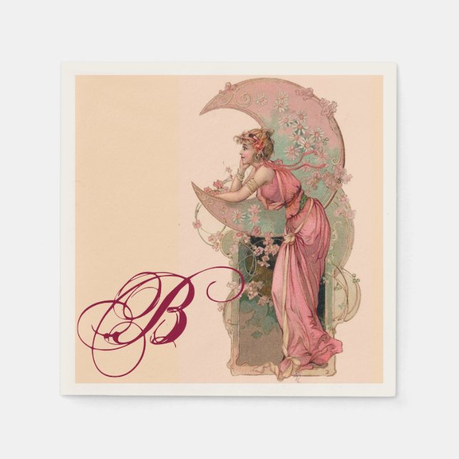 TAROTS/ LADY OF THE MOON, FLOWERS IN PINK MONOGRAM PAPER NAPKINS (Front)
