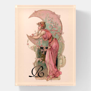 TAROTS/ LADY OF THE MOON,FLOWERS IN PINK MONOGRAM PAPERWEIGHT