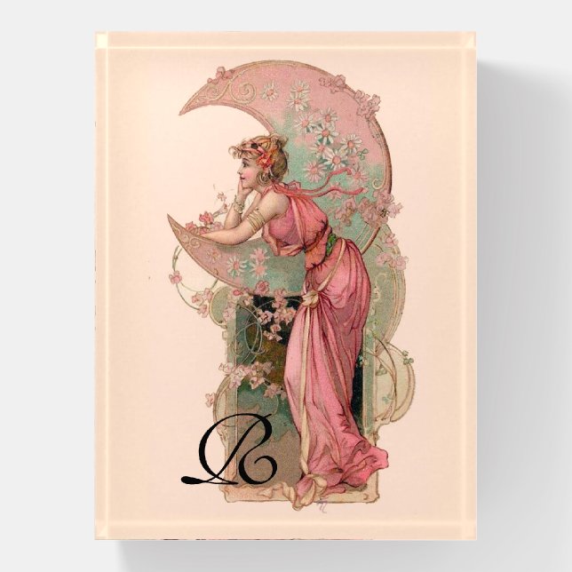 TAROTS/ LADY OF THE MOON,FLOWERS IN PINK MONOGRAM  PAPERWEIGHT (Vertical)