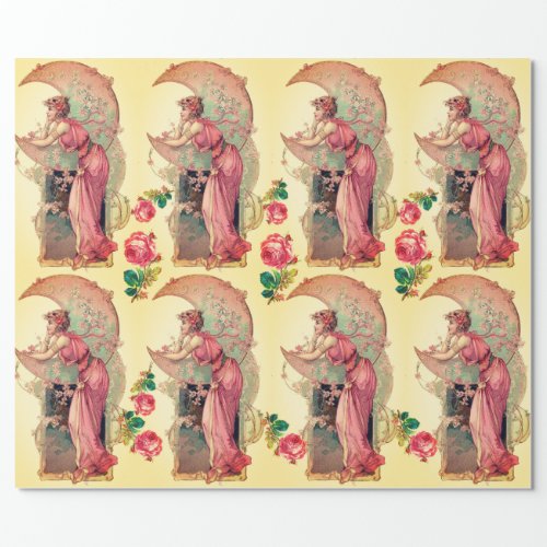 TAROTS LADY OF THE MOONFLOWERSPINK ROSES Yellow Wrapping Paper