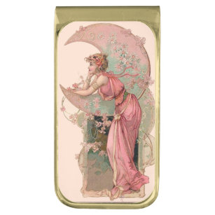 TAROTS / LADY OF THE MOON WITH FLOWERS IN PINK GOLD FINISH MONEY CLIP