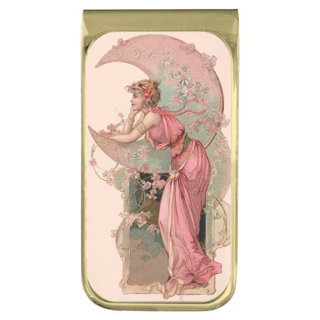 TAROTS / LADY OF THE MOON WITH FLOWERS IN PINK GOLD FINISH MONEY CLIP (Front Vertical)