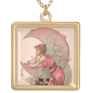 TAROTS / LADY OF THE MOON WITH FLOWERS IN PINK GOLD PLATED NECKLACE