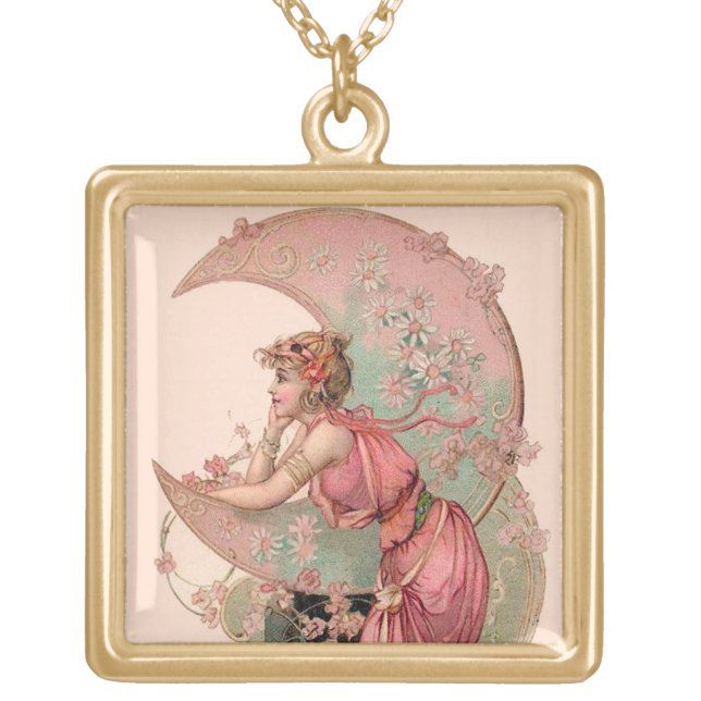 TAROTS / LADY OF THE MOON WITH FLOWERS IN PINK GOLD PLATED NECKLACE (Front)