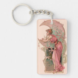 TAROTS/ LADY OF THE MOON WITH FLOWERS IN PINK KEYCHAIN