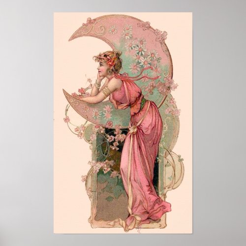 TAROTS / LADY OF THE MOON WITH FLOWERS IN PINK POSTER
