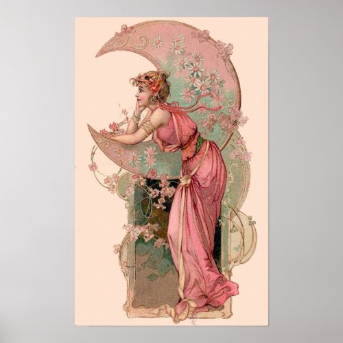 TAROTS  LADY OF THE MOON WITH FLOWERS IN PINK POSTER