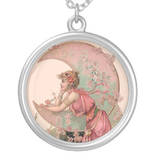 TAROTS / LADY OF THE MOON WITH FLOWERS IN PINK SILVER PLATED NECKLACE