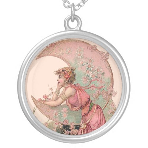 TAROTS  LADY OF THE MOON WITH FLOWERS IN PINK SILVER PLATED NECKLACE